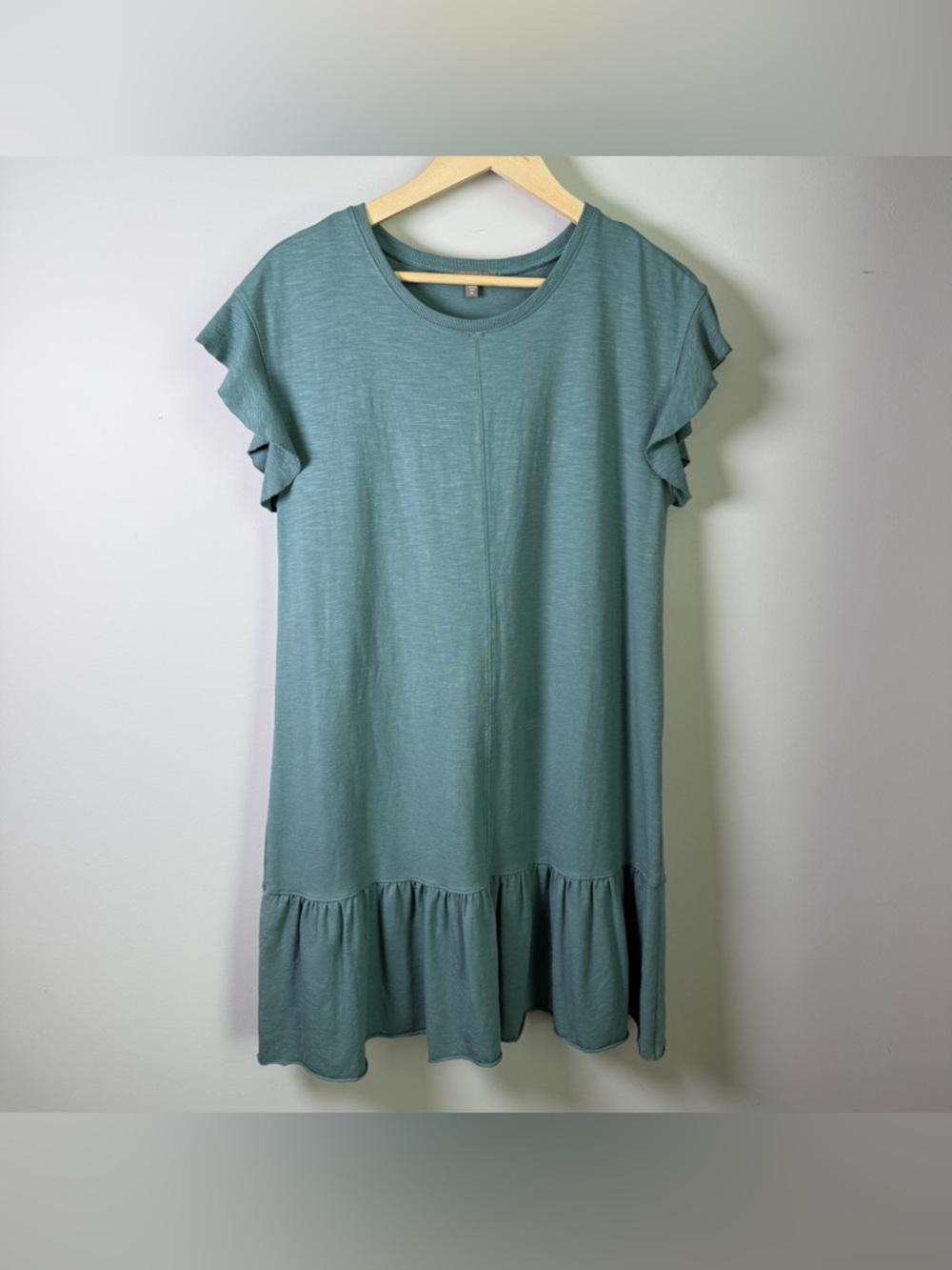 Lilla P Cotton Modal Ruffle Hem Mini Dress Blue Green Flutter Sleeve Size M